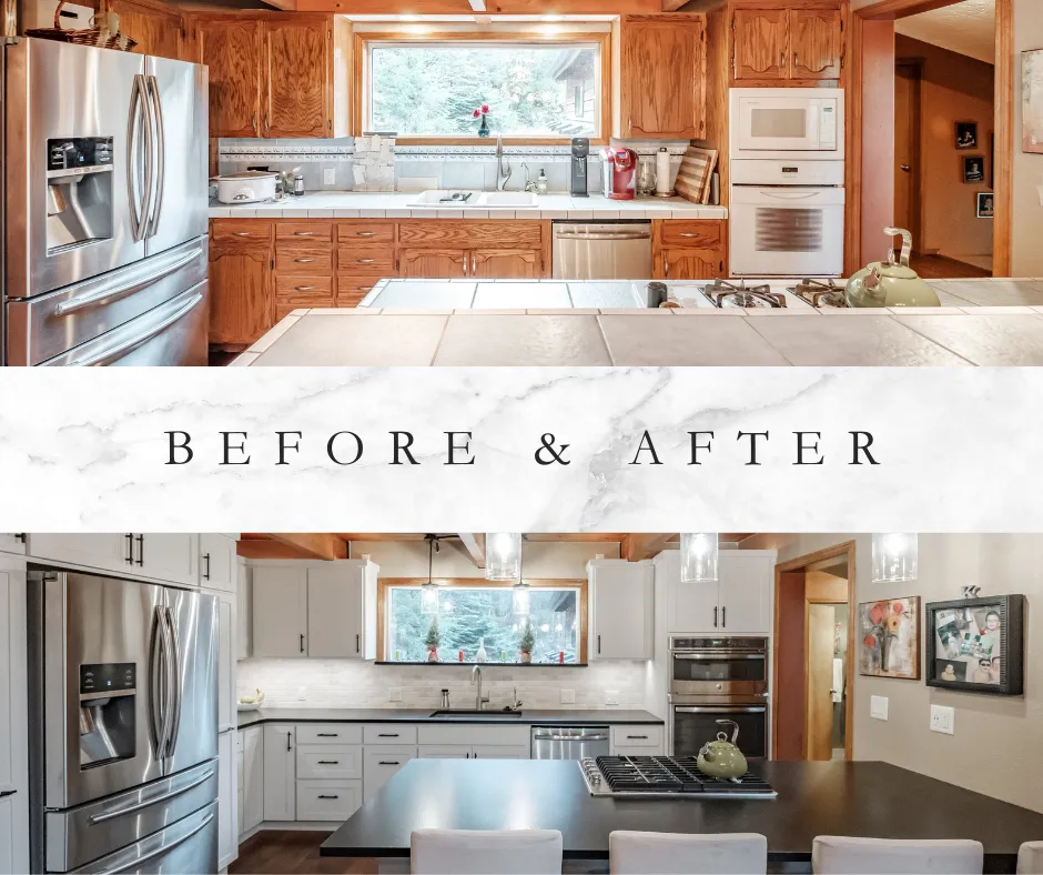 The remodeled Corvallis kitchen with white cabinets and a black island under a wood ceiling