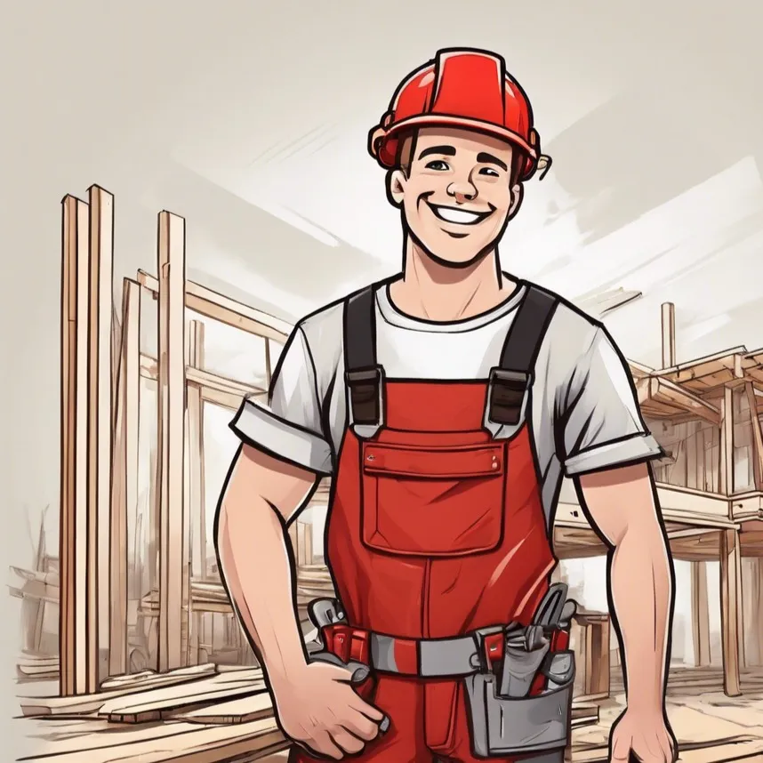 Illustrated portrait of a builder in a hard hat and red overalls