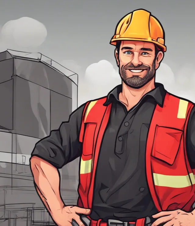 Illustrated portrait of a builder in a hard hat and safety vest