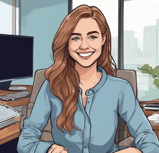 Illustrated portrait of a smiling woman at an office desk