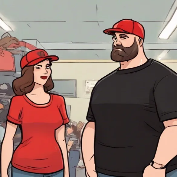 Illustrated portrait of a woman in a red B and W shirt and cap beside a bearded man in black